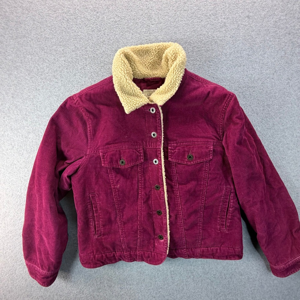 LL Bean‎ Womens M Petite Corduroy Sherpa Lined Trucker Jacket Magenta Purple